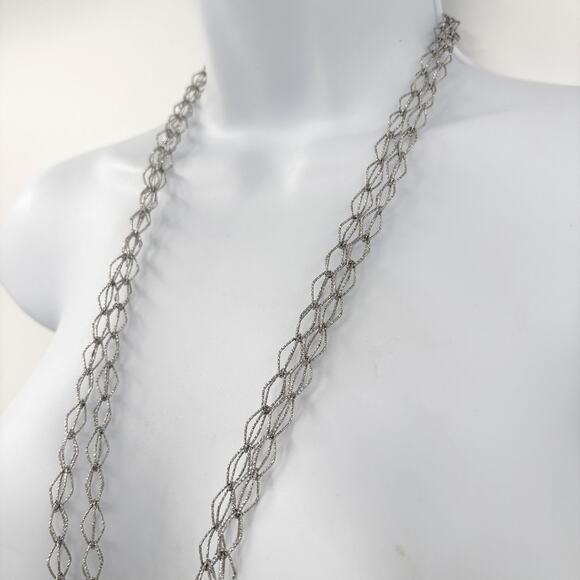 Natasha Silver-tone Woven Link Necklace – 36" Length, Two Strand, Textured Links - Picture 2 of 7